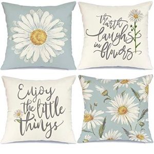 Set of 4 Daisy Quote Floral Pillow covers  18.5” square